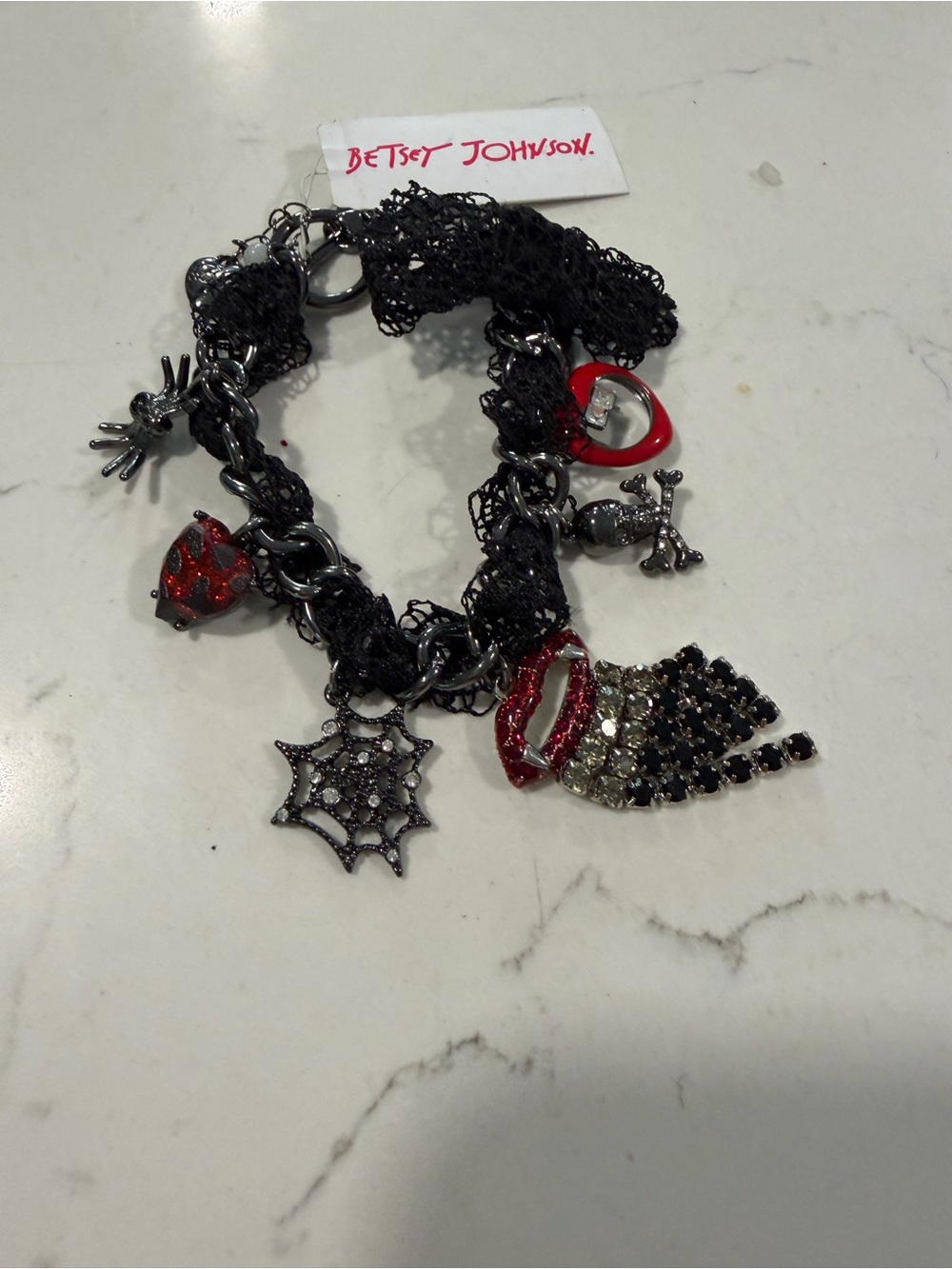 Betsey Johnson Black and Red Lace Charm Bracelet